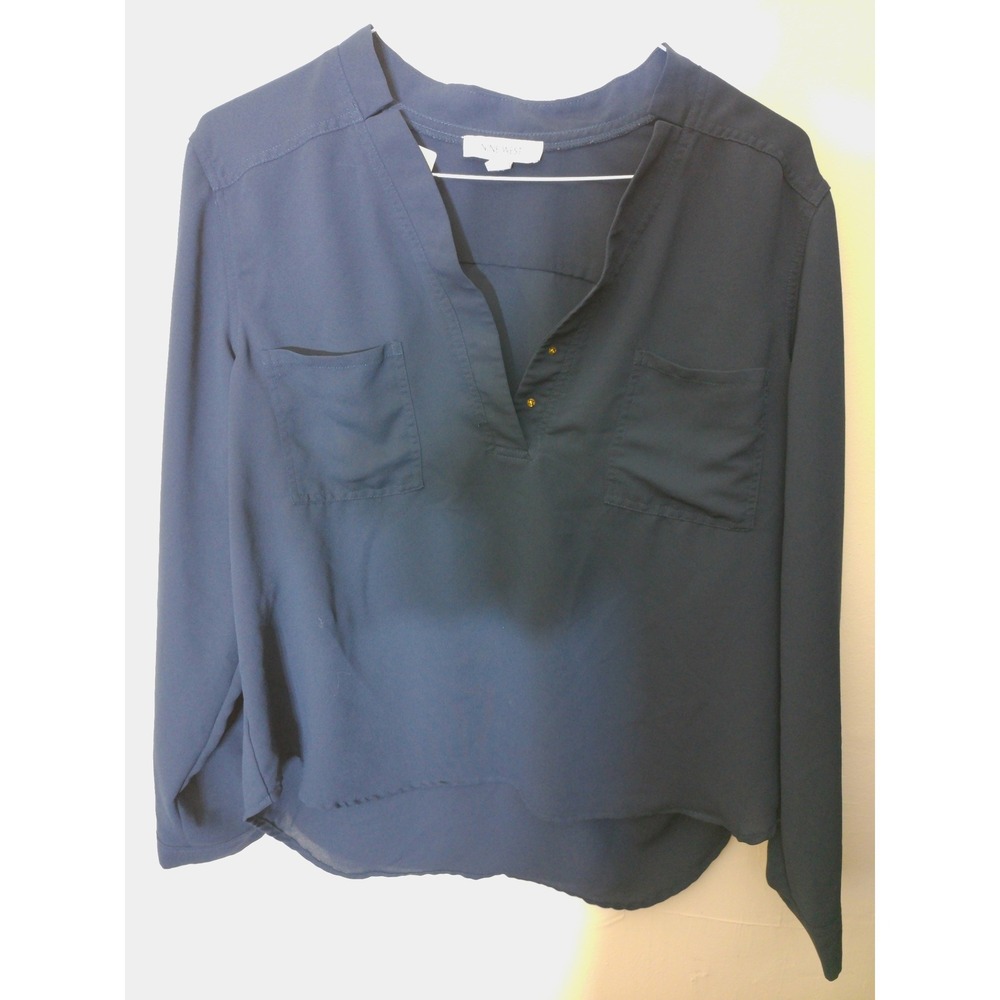 Nine West V-Neck Blouse Womens XL Navy Blue Long Sleeve Pocket Workwear Top